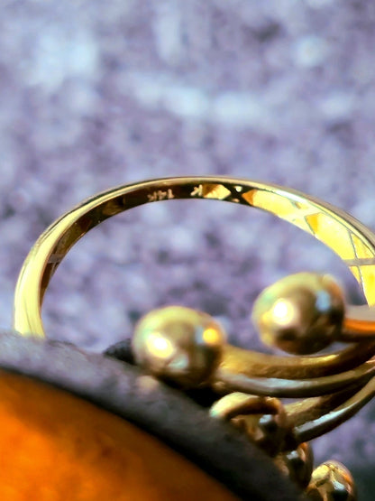 14K Yellow Gold Fancy Statement Design Ring Split Shank Diamond Cut Balls size M