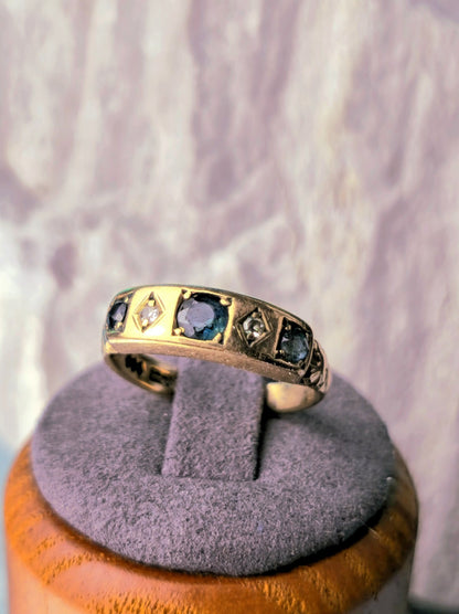 9ct Yellow Gold Sapphire/Diamond Ring Vintage Band size L+ 3.2g Hallmarked