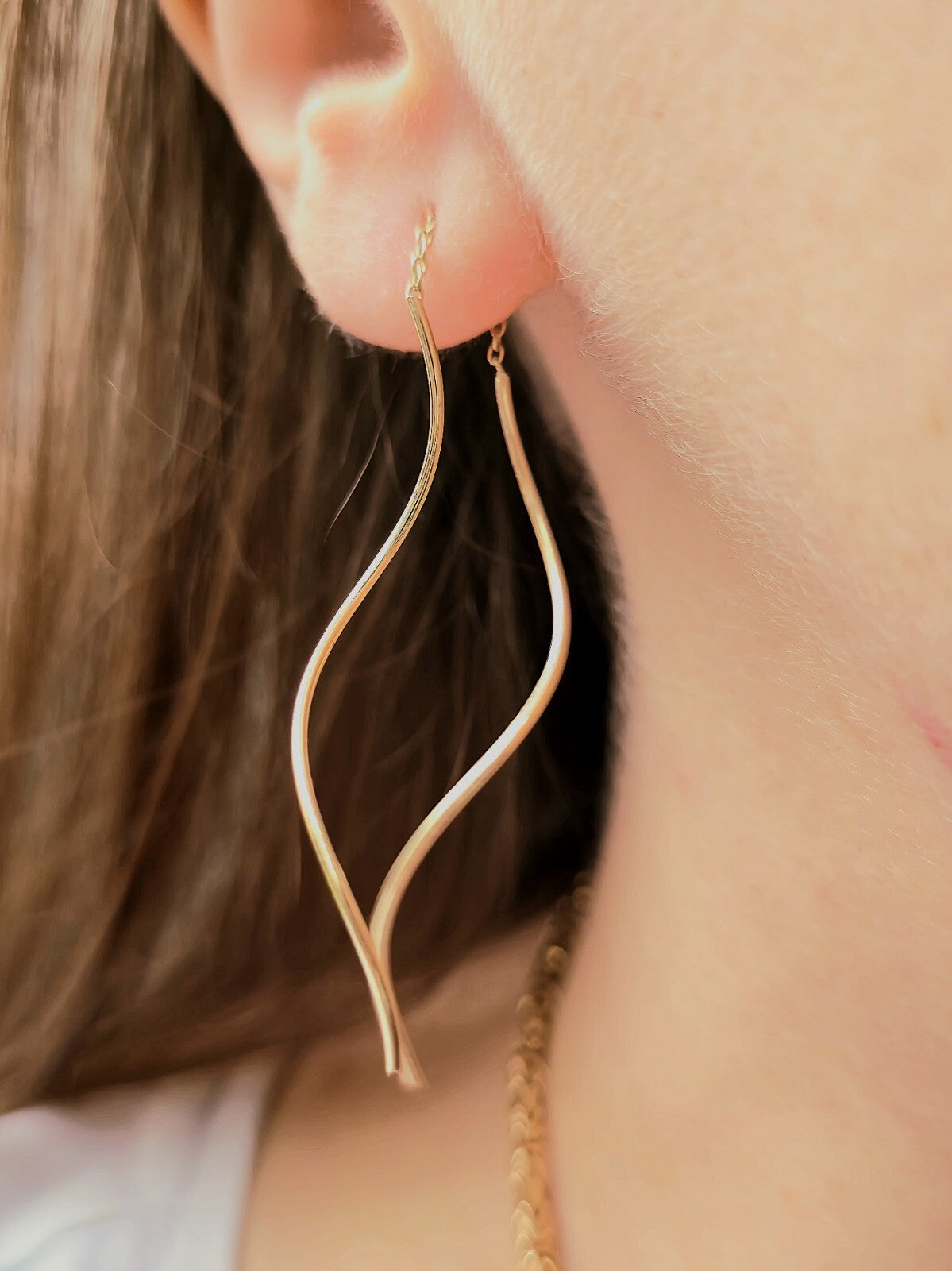New 9ct Yellow Gold Twist Drop Earrings DOUBLE Squiggle Pull Through Wavy Moving