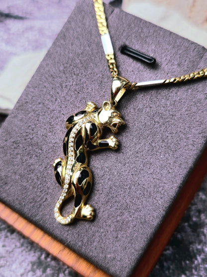 New Solid 9ct Yellow Gold Panthere Pendant Charm with CZ and Enamel Cat Puma