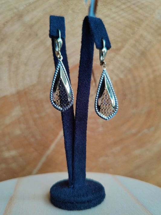 9ct Yellow/White Gold Drop Dangly Earrings Hallmarked Decorative Pattern 