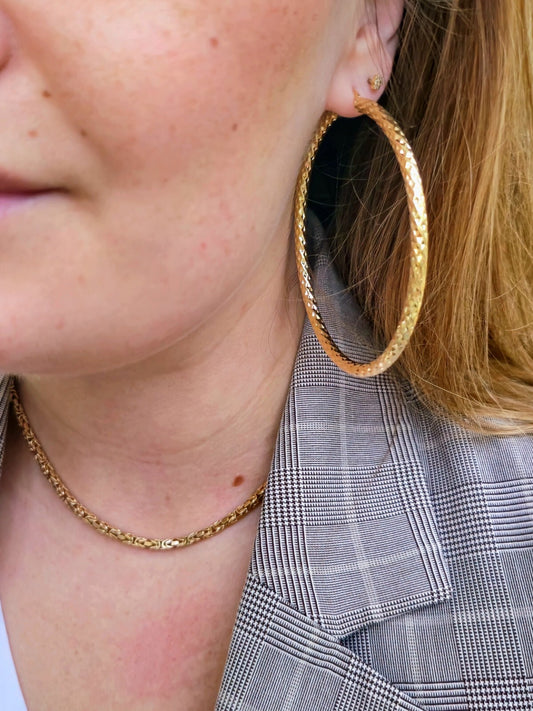 Big 9ct Yellow Gold Twisted Hoop Earrings Twist Hoops 77mm Diamond Cut Pattern