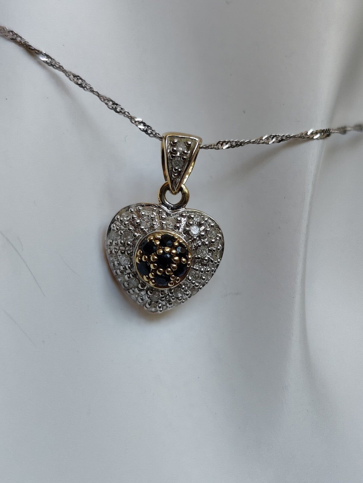 Solid 9CT YELLOW WHITE GOLD DIAMOND SAPPHIRE heartshape PENDANT Hallmarked 
