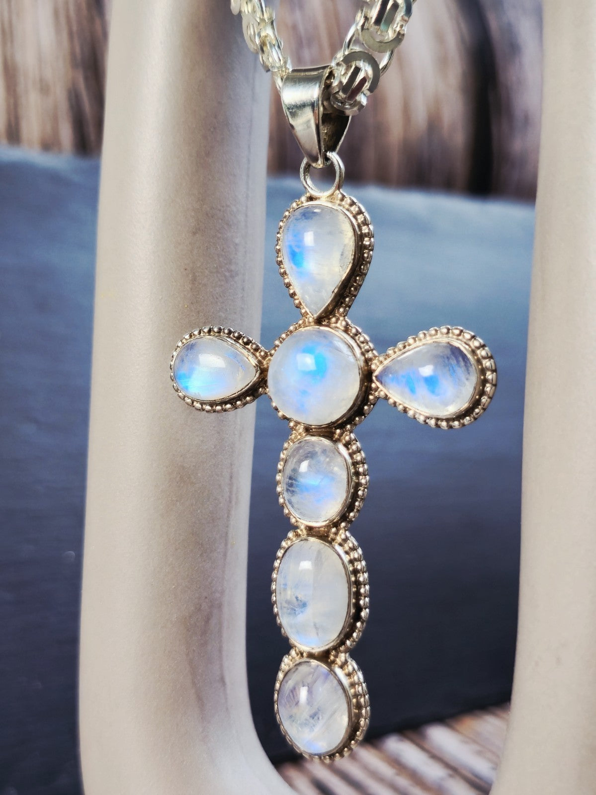 Large Solid 925 Sterling Silver Cross with Multi-shape Moonstones Pendant 9CM