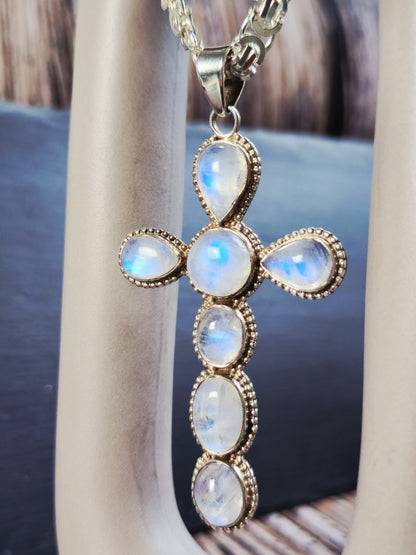 Large Solid 925 Sterling Silver Cross with Multi-shape Moonstones Pendant 9CM
