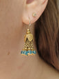 Solid 18K Yellow Gold Blue Topaz Chandelier Dangle Drop Earrings Hook Indian