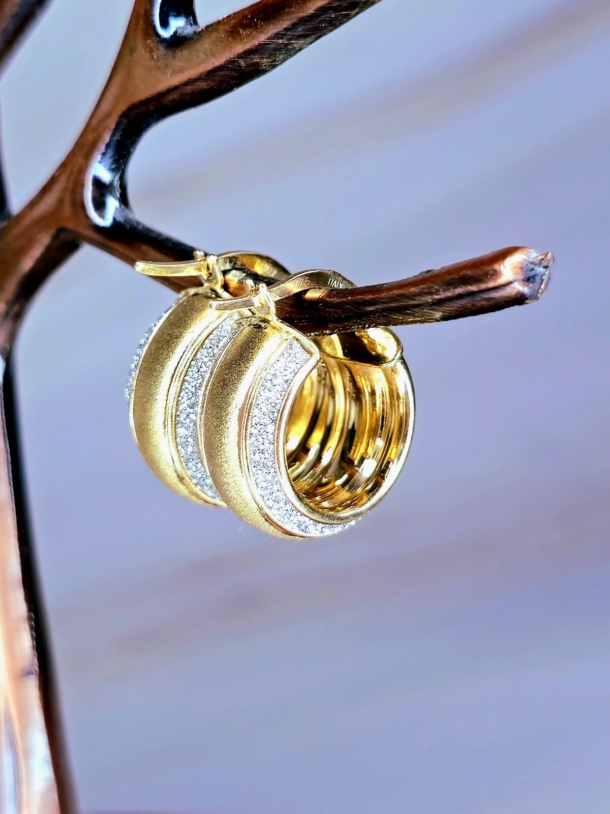 9ct Solid Yellow Gold Wide Hoop Earrings Damond Dust Hoops Glitter Moon-dust