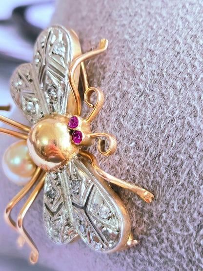 18K Rose Gold & Platinum Antique Victorian Diamonds Ruby & Pearl Bee Brooch Bug