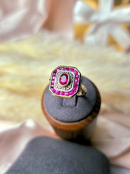 New 18ct Yellow Gold Coctail Square Ruby Ring with 1ct Oval Ruby