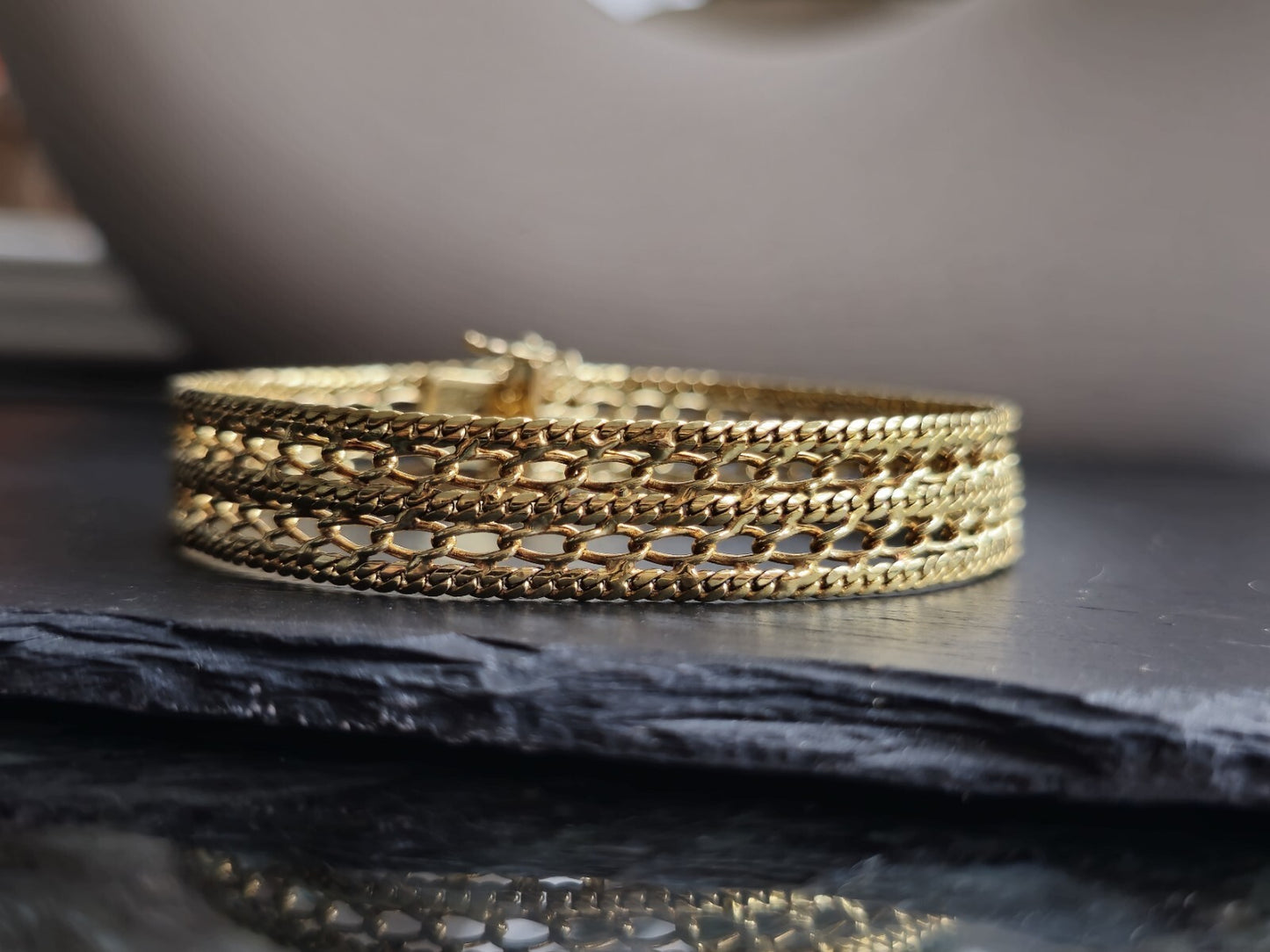 Solid 9ct Yellow Gold Wide Mesh Bracelet Double Link 18cm 14g Unisex Hallmarked 