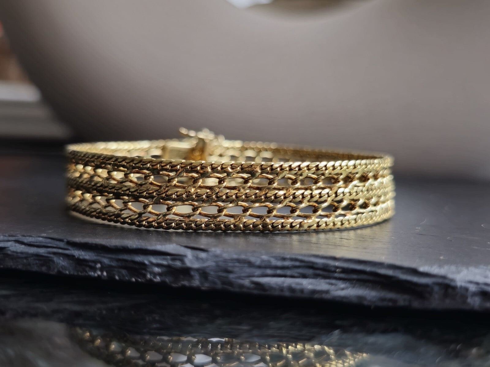 Solid 9ct Yellow Gold Wide Mesh Bracelet Double Link 18cm 14g Unisex Hallmarked 