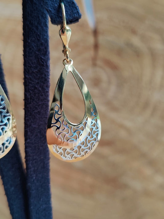 9ct Yellow/White Gold 2grams Drop Dangly Earrings Leverback Hallmarked Pear/Drop