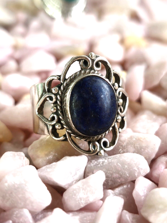 Vintage Like Sterling Silver Dress Cocktail Ring with Lapis Lazuli Oval size S
