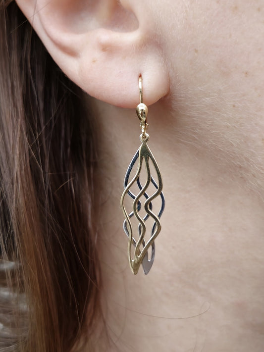 9ct Yellow/White Gold Solid Drop Earrings Long 50mm Leaf Motif Waves Lever Back