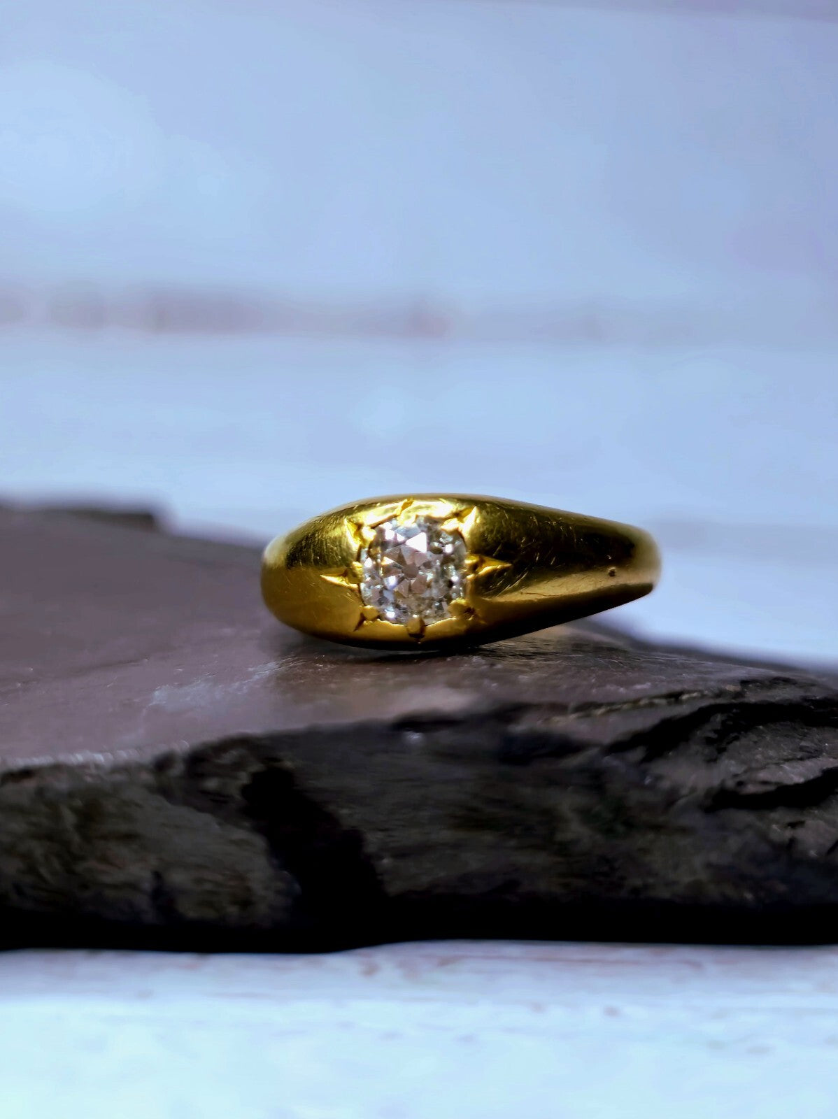 Victorian Solid 18k Yellow Gold Signet Ring Gypsy size Q+ Old Cut Diamond 0.50ct