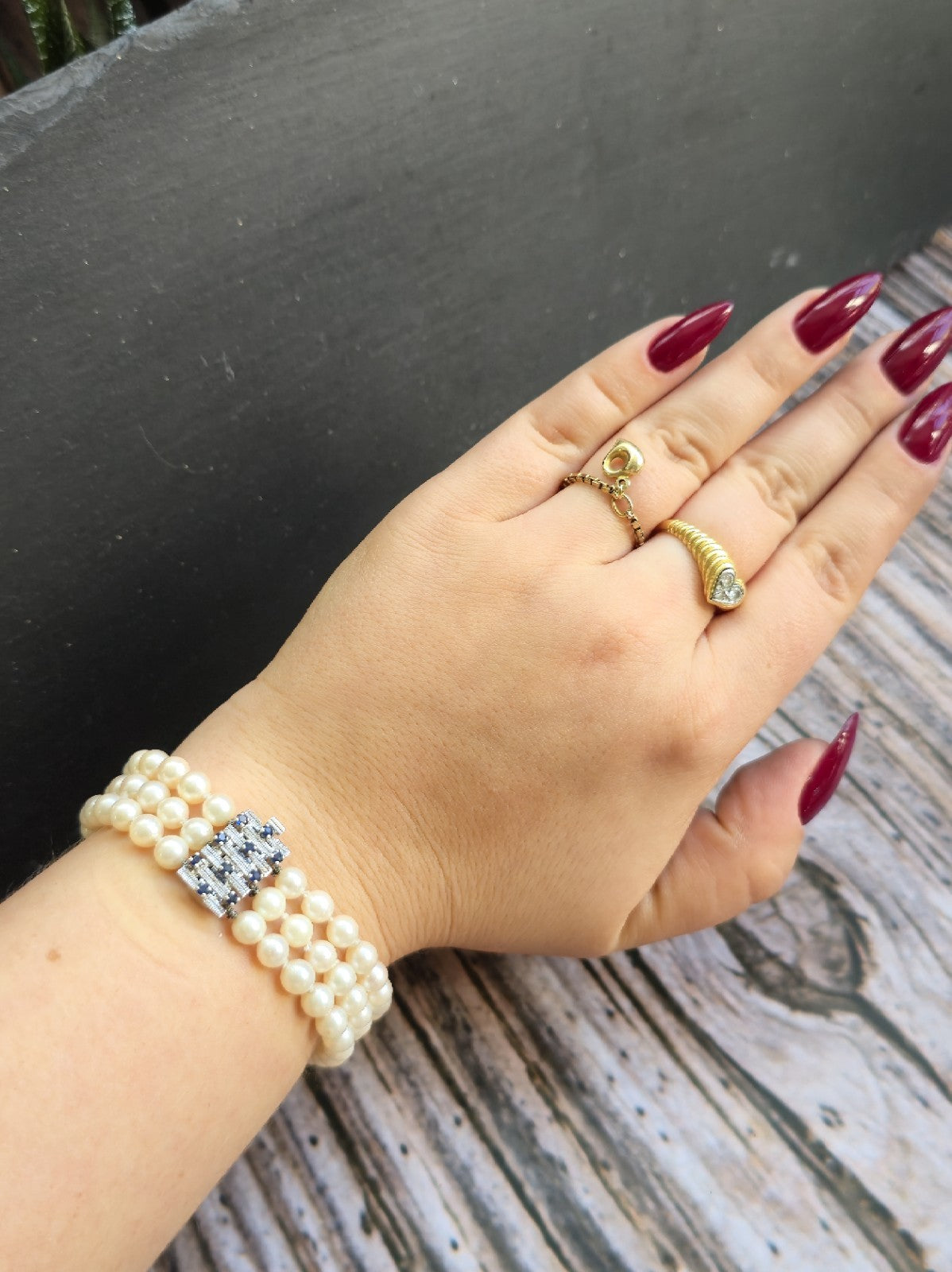 Vintage 14K White Gold and Sapphire Pearl Bracelet 3 Row Triple String 585