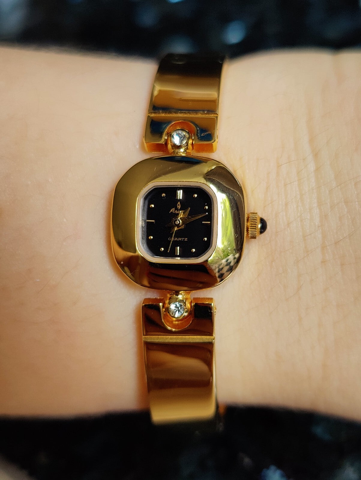 Unique Gold Plated Ladies Watch, Bangle Bracelet, Black Dial, Working, Elegant 