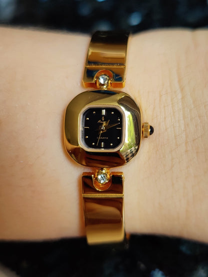 Unique Gold Plated Ladies Watch, Bangle Bracelet, Black Dial, Working, Elegant 
