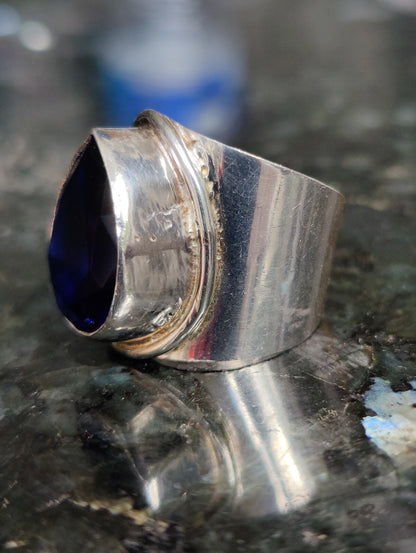 Sterling Silver 925 Ring with Big Blue Pear Shape Stone, Dress, Coctail, size K