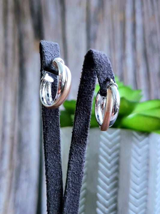 9ct Solid White/Rose Gold Crossed Hoop Earrings 22mm Twist Hoops Matt/Shiny