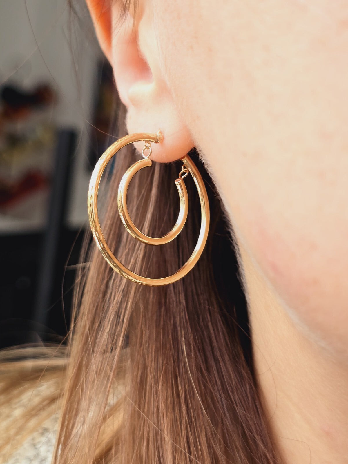 9ct Solid Yellow Gold Double Hoop Earrings Two Circles Hoops 34mm Hallmarked 