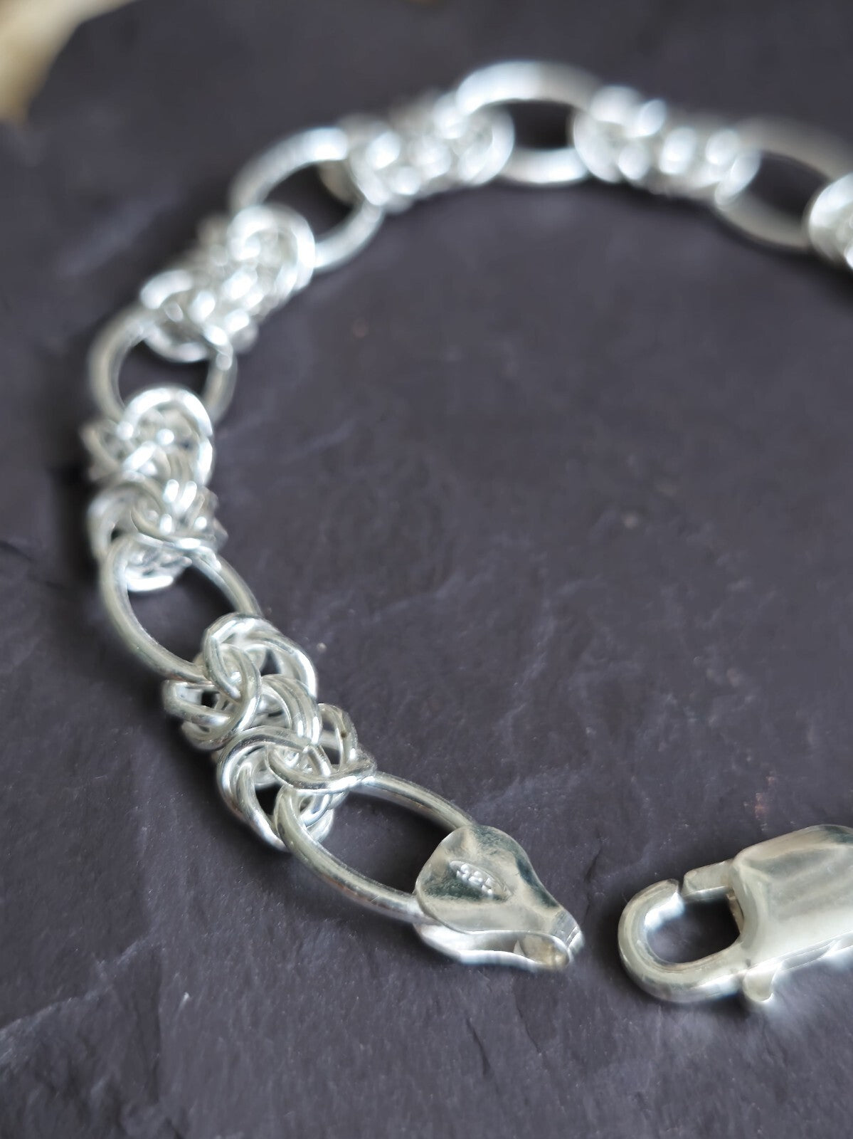 925 Sterling Silver Chunky Figaro Byzantine Chain Bracelet 8mm 17grams 19cm