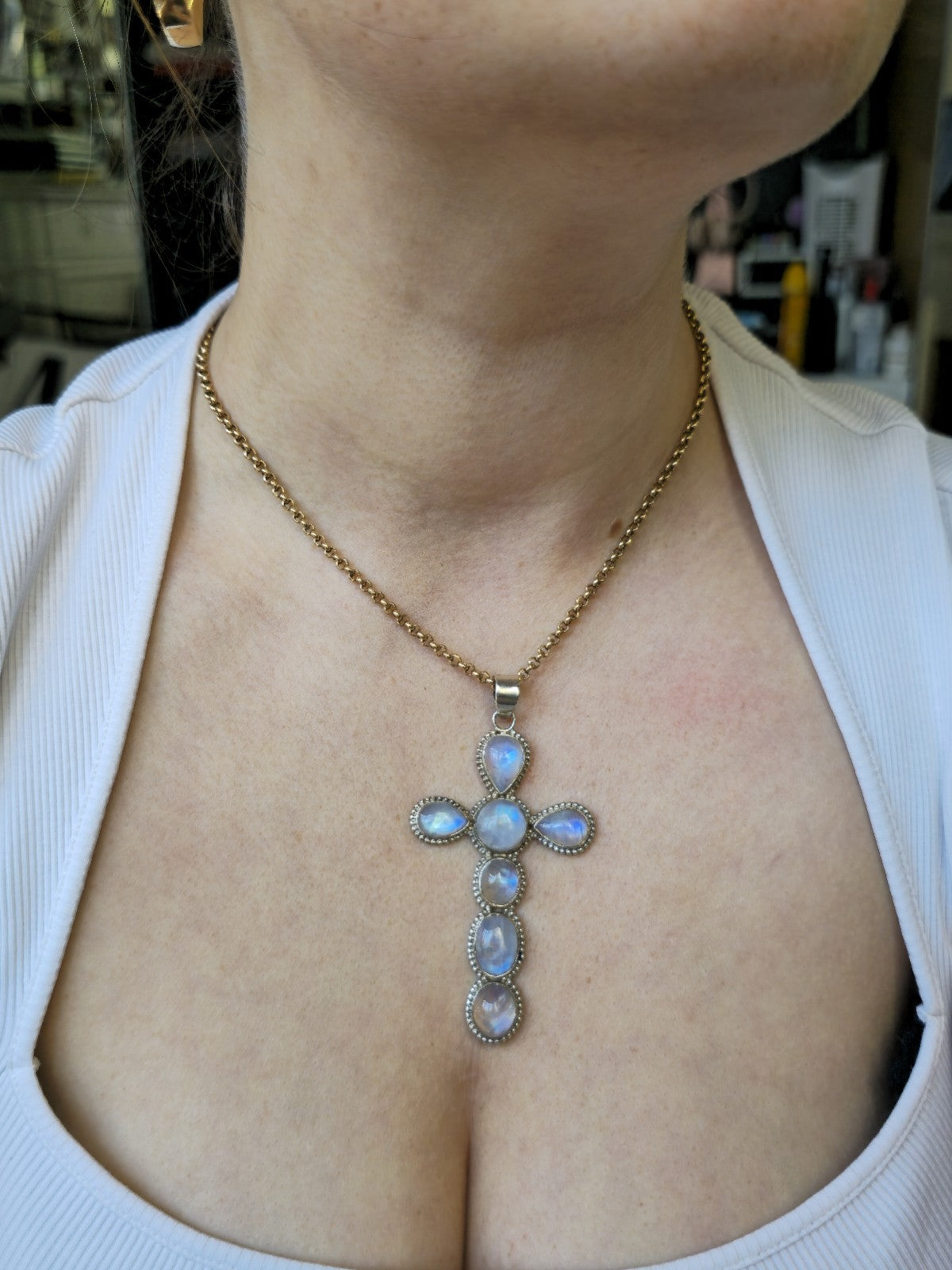Large Solid 925 Sterling Silver Cross with Multi-shape Moonstones Pendant 9CM