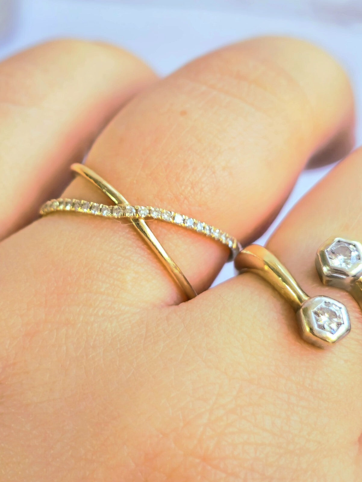 9ct Yellow Gold X Shape Ring Cross With Diamonds Size P Half Eternity Fashion