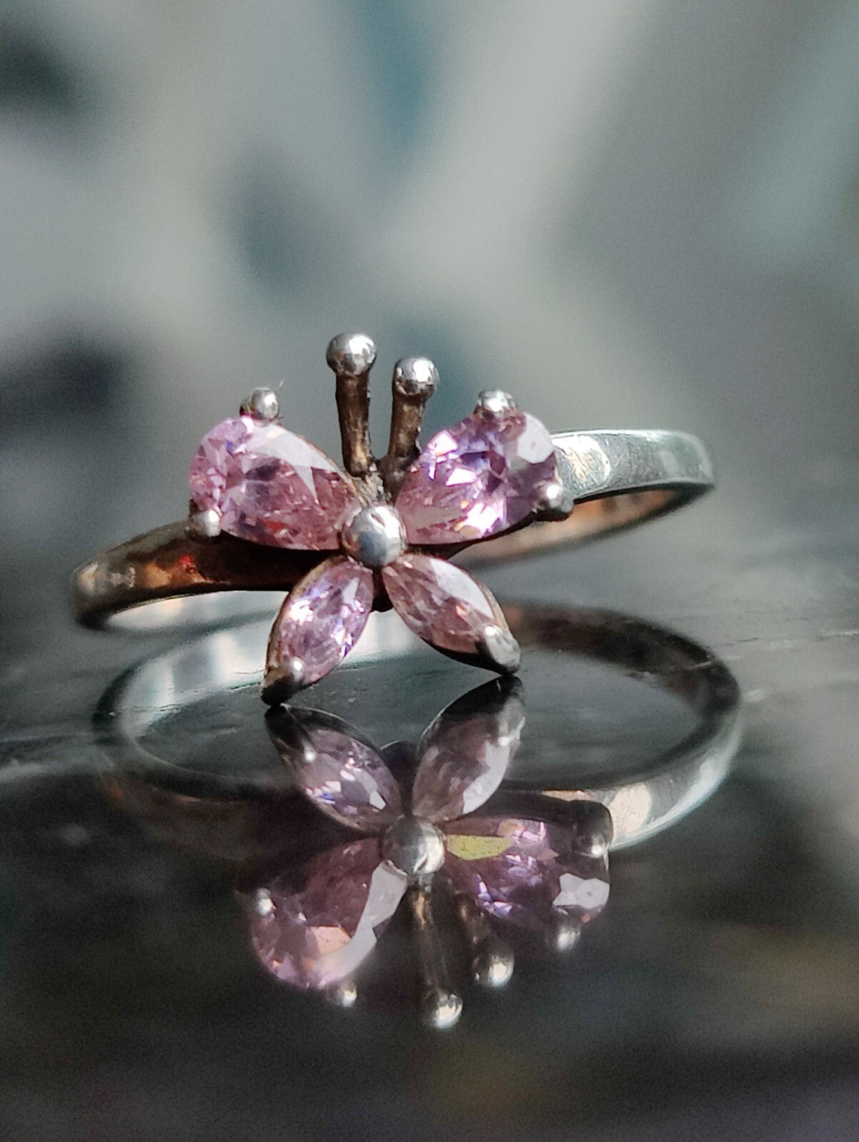 925 Sterling Silver Butterfly Ring With Pink CZs UK Size N (14) (54)
