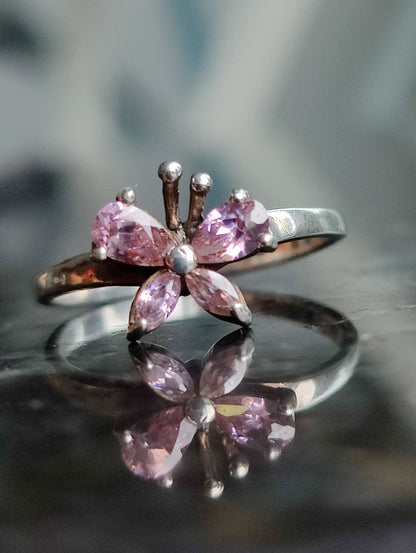 925 Sterling Silver Butterfly Ring With Pink CZs UK Size N (14) (54)