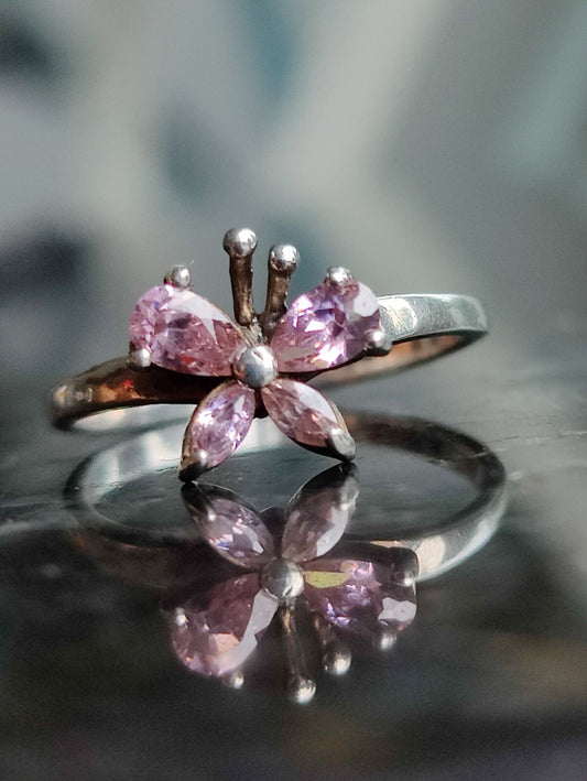 925 Sterling Silver Butterfly Ring With Pink CZs UK Size N (14) (54)