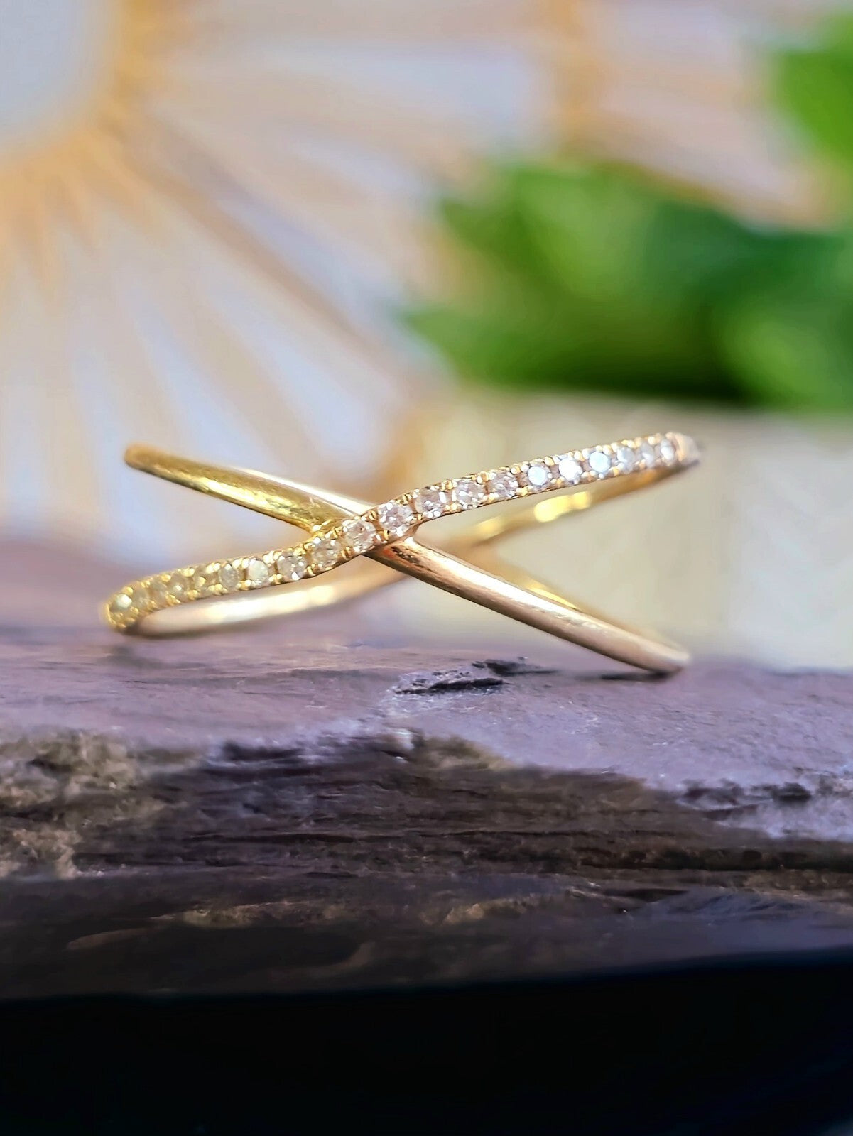 9ct Yellow Gold X Shape Ring Cross With Diamonds Size P Half Eternity Fashion