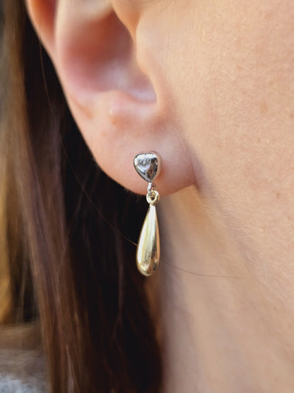 9ct Solid Yellow/White Gold Drop Earrings Studs Heart Hollow 24mm Long