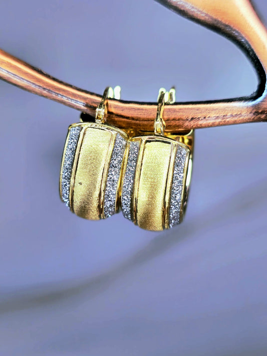 9ct Solid Yellow Gold Wide Hoop Earrings Damond Dust Hoops Glitter Moon-dust