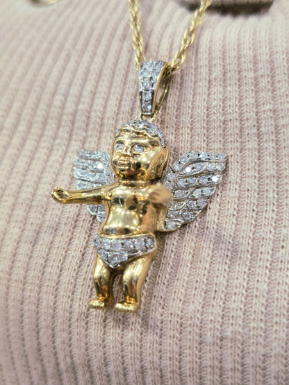 10K YELLOW GOLD PENDANT BABY ANGEL NATURAL DIAMONDS WINGS CROSS WITH CHAIN 25"