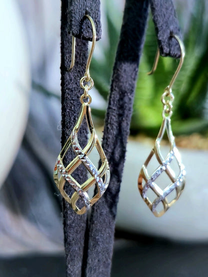 New 9ct Yellow/White Gold Solid Drop Dangling Earrings Hook Clasp Diamond Cut