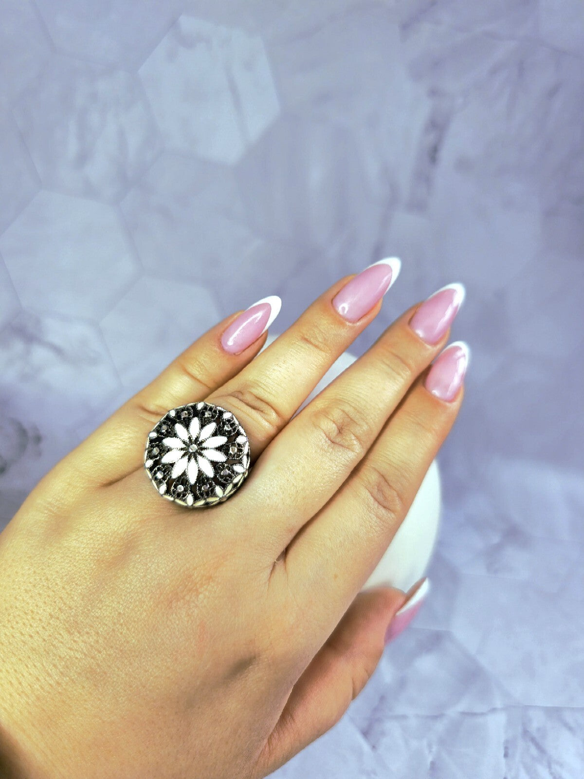 Sterling Silver 925 Ring Art Decor Oxidised Enamel Dress Cocktail, size O+ Black