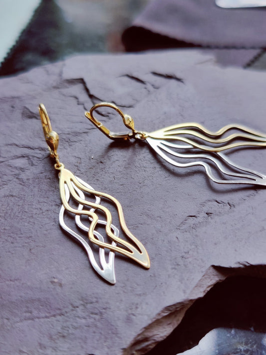 9ct Yellow/White Gold Solid Drop Earrings Long 50mm Leaf Motif Waves Lever Back