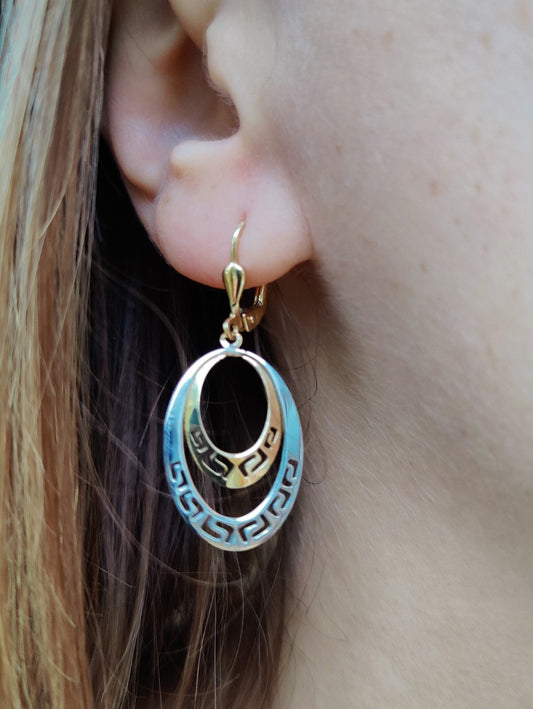 NEW OVAL Earrings 9ct Yellow/White Gold Leverback Hallmarked Greek Key Pattern 