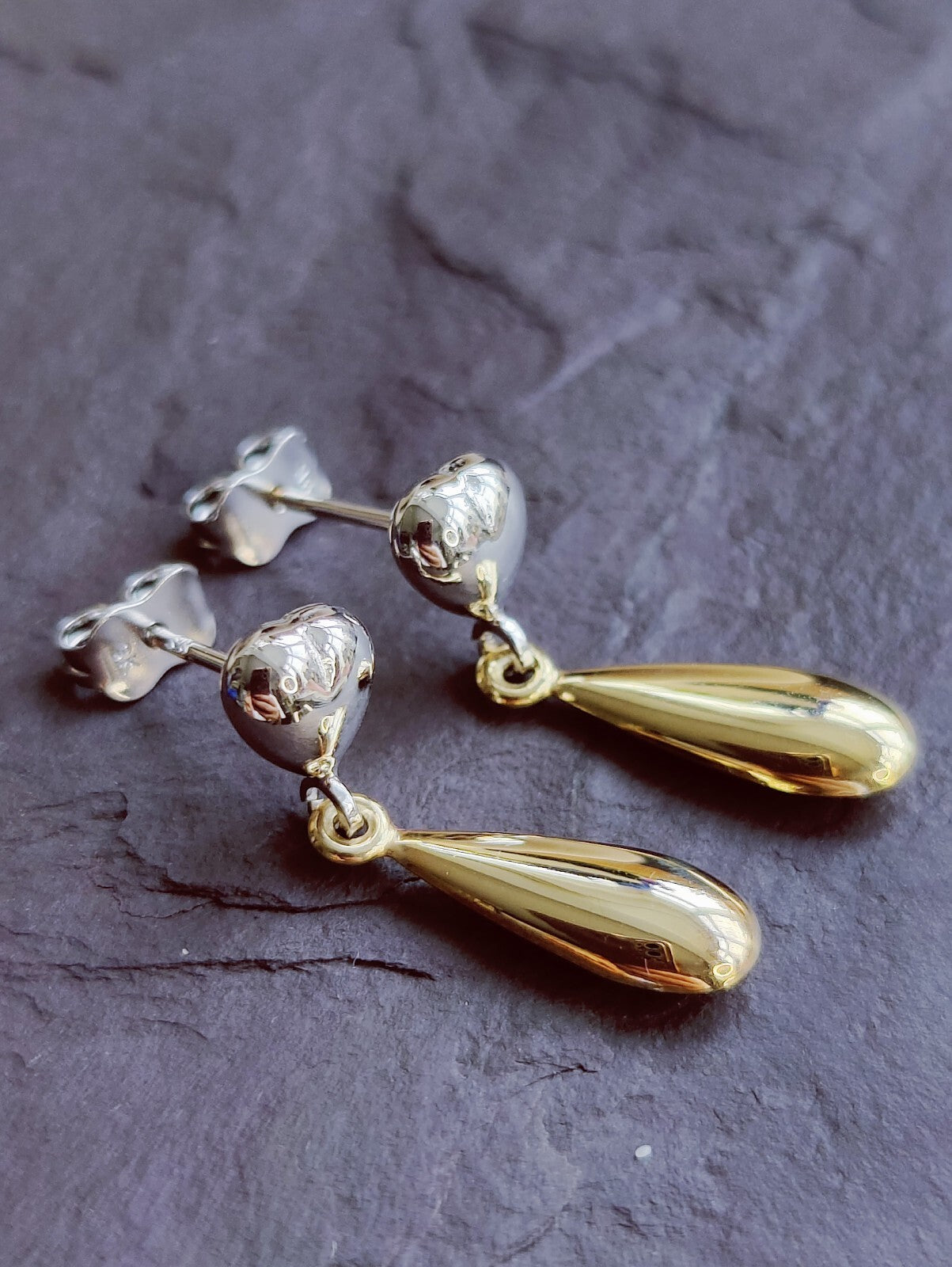 9ct Solid Yellow/White Gold Drop Earrings Studs Heart Hollow 24mm Long