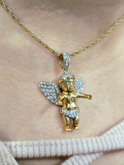 10K YELLOW GOLD PENDANT BABY ANGEL NATURAL DIAMONDS WINGS CROSS WITH CHAIN 25"