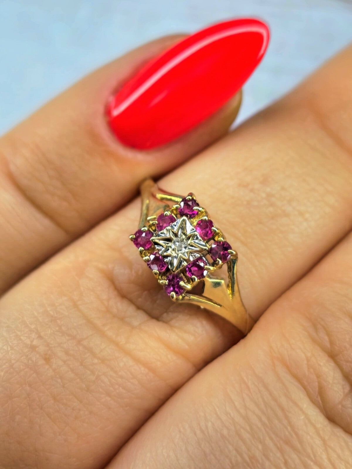 Vintage 9ct Yellow Gold Diamond Ruby Ring Square Cluster Ring size M+
