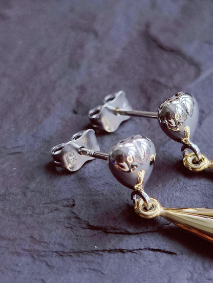 9ct Solid Yellow/White Gold Drop Earrings Studs Heart Hollow 24mm Long