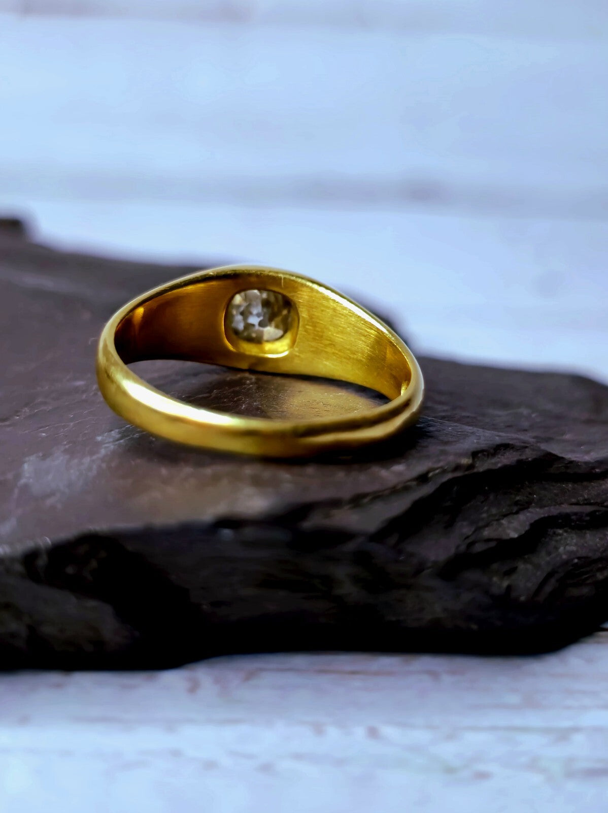 Victorian Solid 18k Yellow Gold Signet Ring Gypsy size Q+ Old Cut Diamond 0.50ct