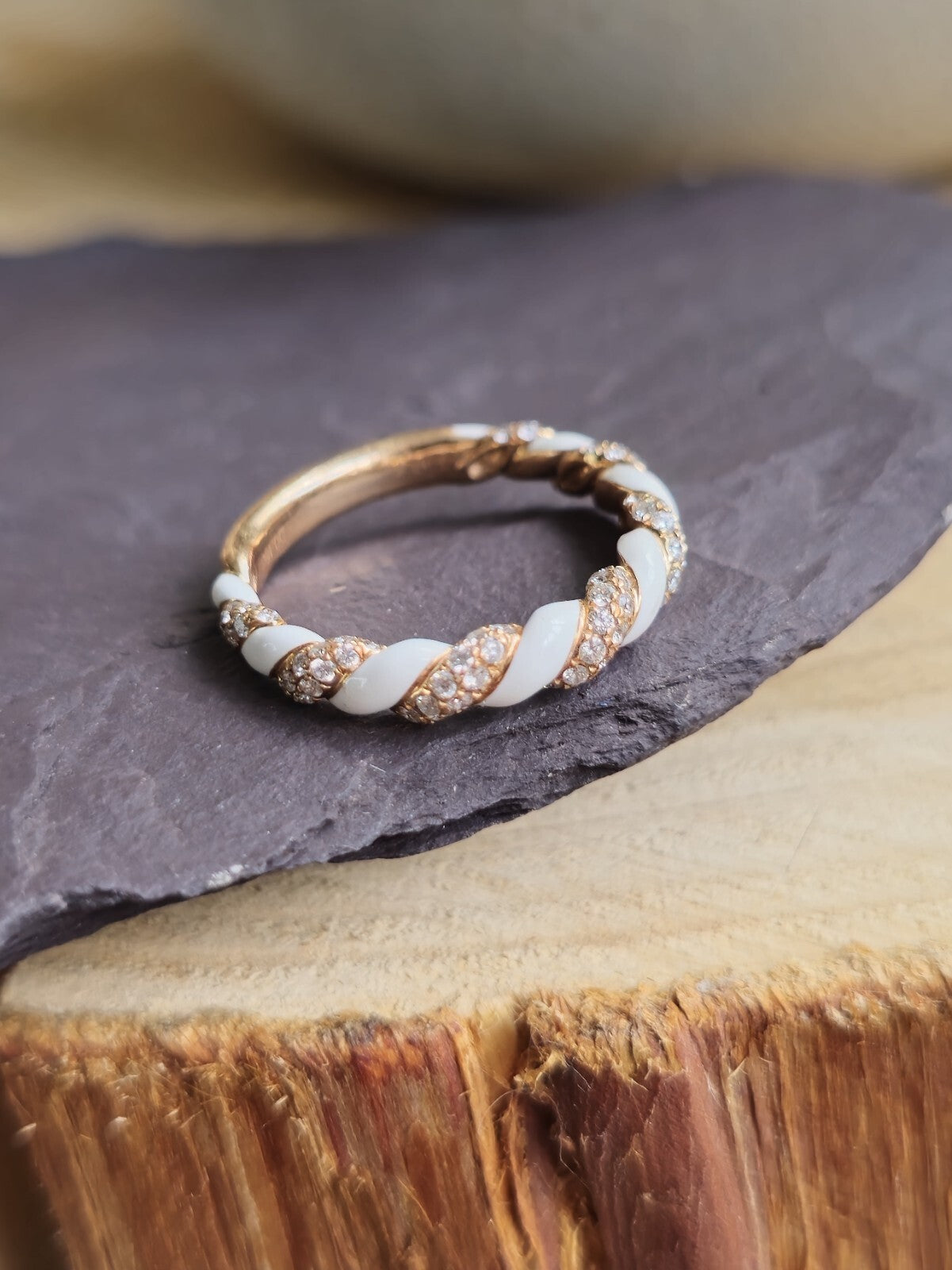 Solid 18ct Rose Gold Diamond and White Ceramic Eternity Ring Wedding Band size N