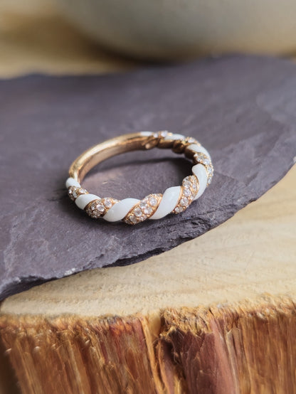 Solid 18ct Rose Gold Diamond and White Ceramic Eternity Ring Wedding Band size N