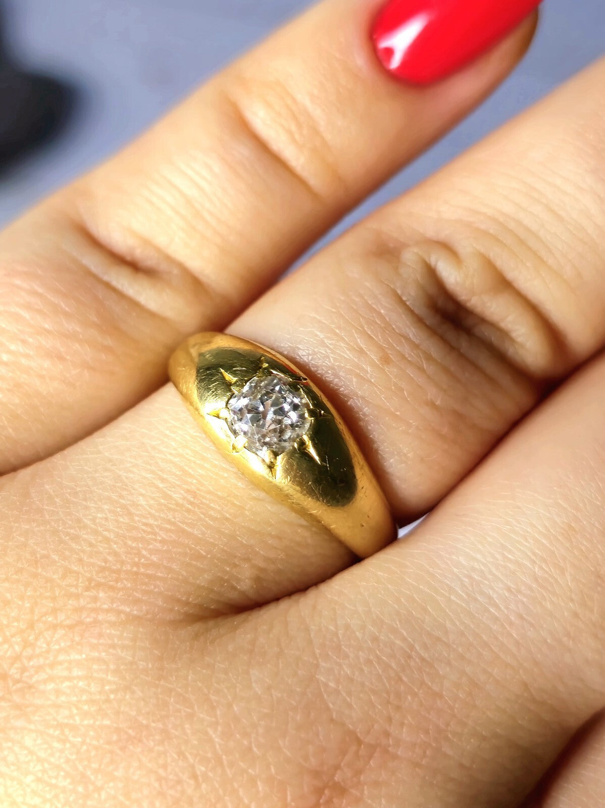 Victorian Solid 18k Yellow Gold Signet Ring Gypsy size Q+ Old Cut Diamond 0.50ct