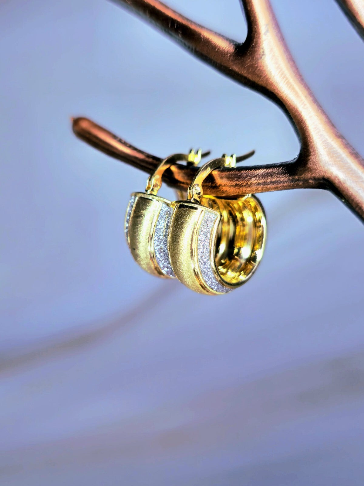 9ct Solid Yellow Gold Wide Hoop Earrings Damond Dust Hoops Glitter Moon-dust