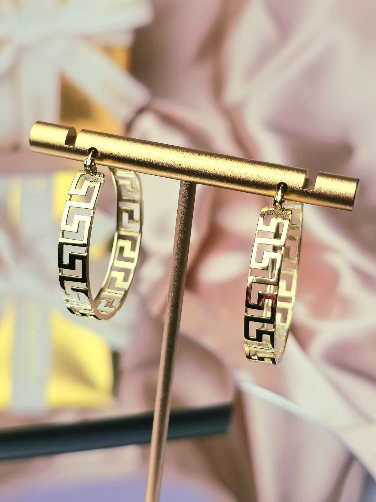 NEW 9ct Yellow Gold Solid Hoop Greek Key Earrings See Through Wide Hoops