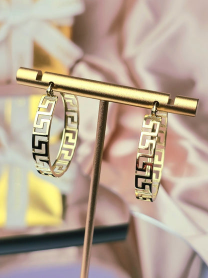 NEW 9ct Yellow Gold Solid Hoop Greek Key Earrings See Through Wide Hoops